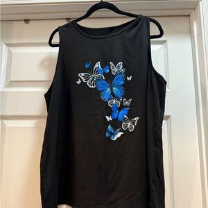 SHEIN NWOT Black Sleeveless Muscle Tee with Blue Butterfly Design